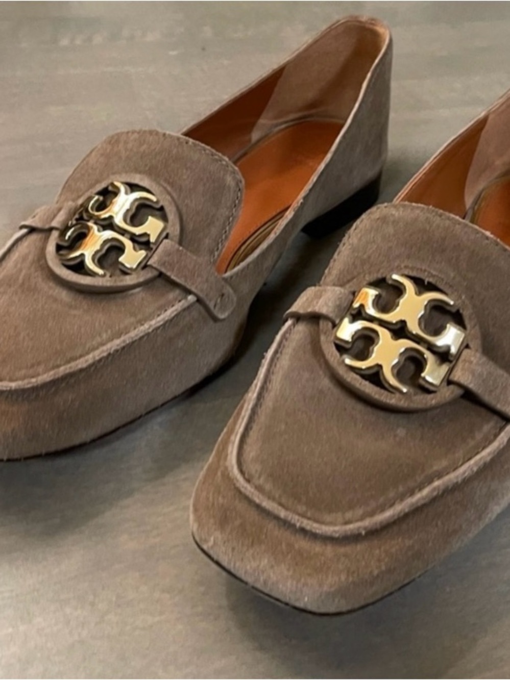 Tory Burch Taupe Suede Logo Medallion Loafers - Picture 6 of 8